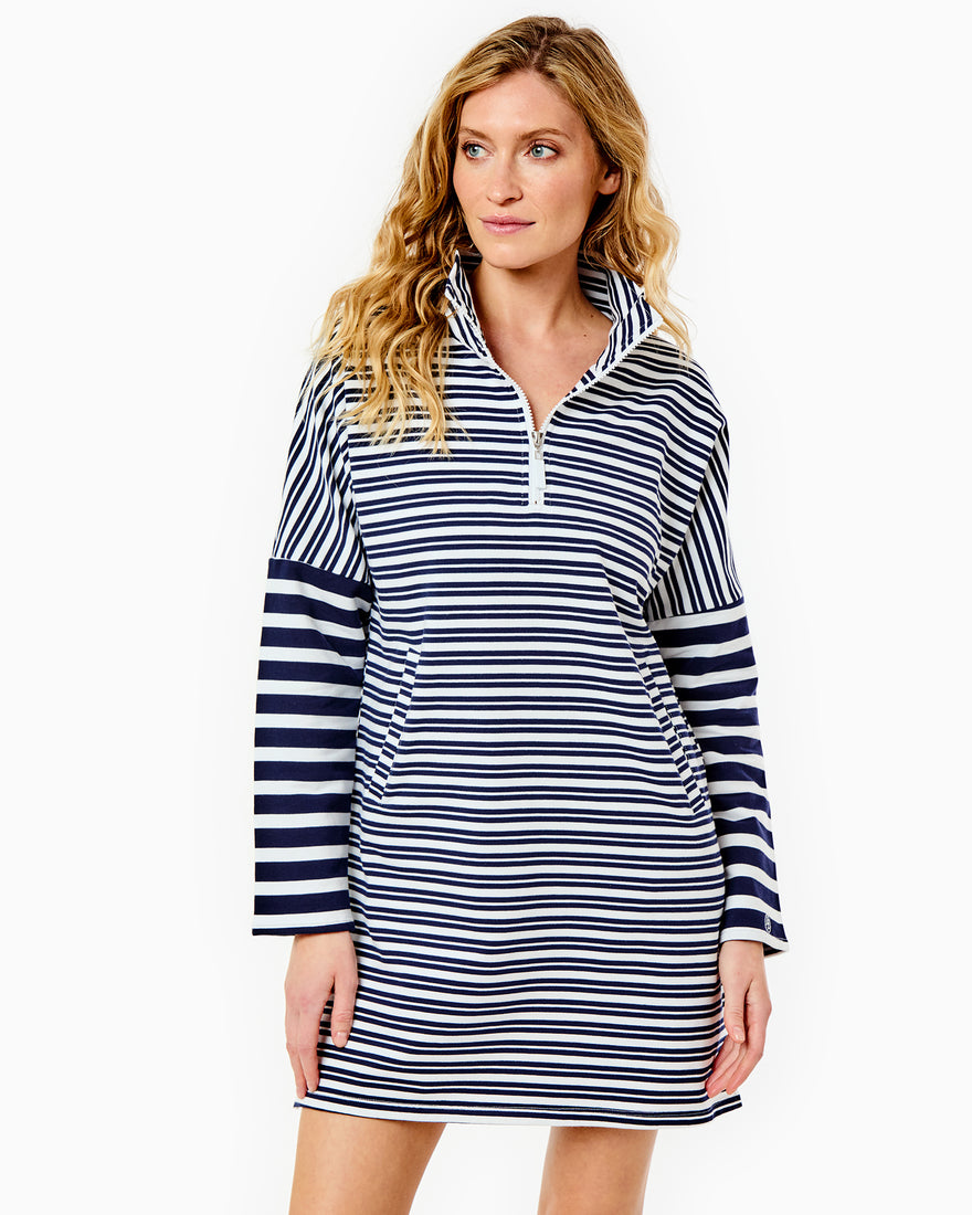 Model is wearing the Lightweight Delancey Dress in Super White/ Navy Double Stripe.