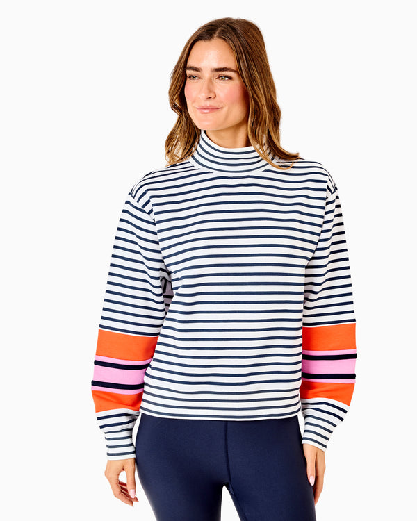 'On model product image of Soft Luxe Halftime Sweatshirt in Super White/Navy Stripe'