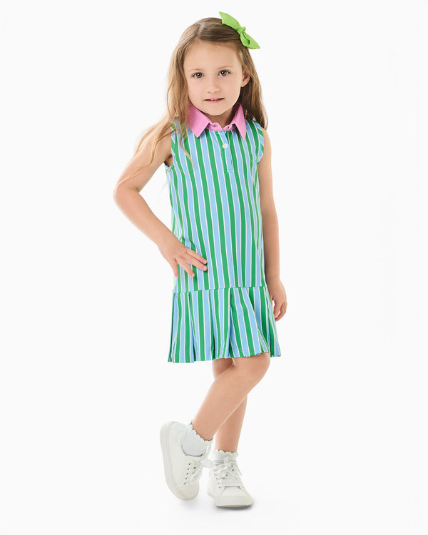 'On model product image of Mae Dress X Cecil & Lou in Vintage Blue/Key Lime Cabana Stripe'