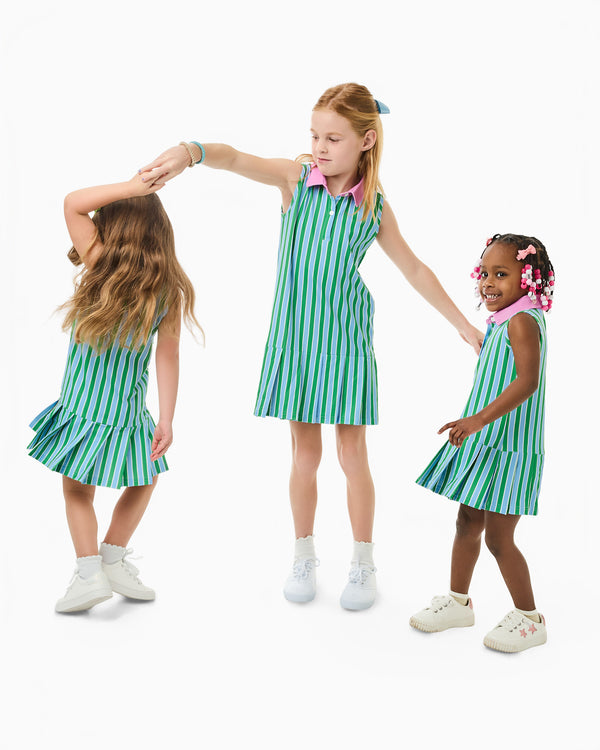 'On model product image of Mae Dress X Cecil & Lou in Vintage Blue/Key Lime Cabana Stripe'