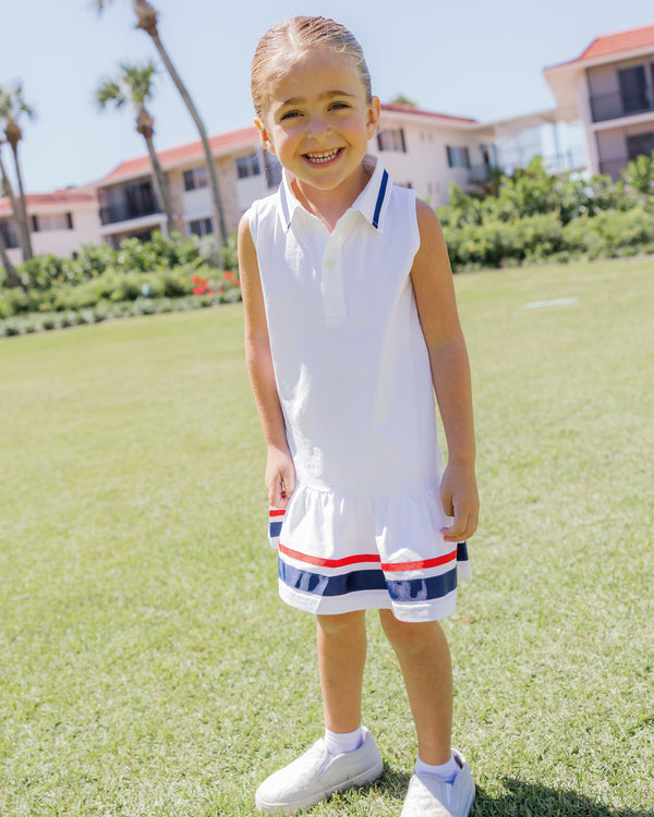 'On model product image of Mae Dress X Cecil & Lou in White/Navy/Poppy'