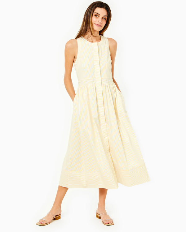 'On model product image of Mary Dress X Mary Hafner in Yellow Stripe-Final Sale'