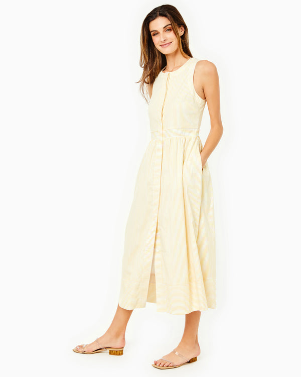 'On model product image of Mary Dress X Mary Hafner in Yellow Stripe-Final Sale'