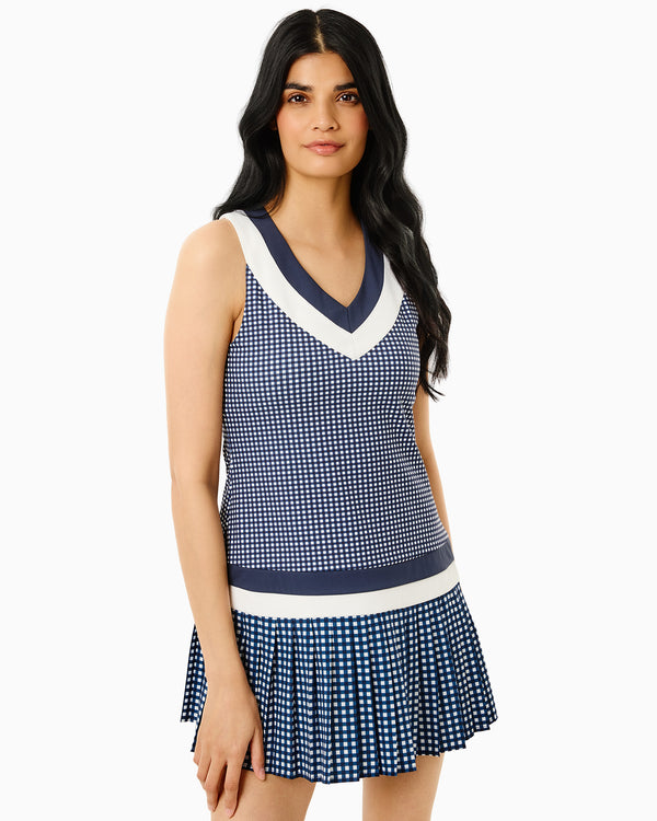'On model product image of Mixed Sport Light Match Active Dress in Navy Gingham'
