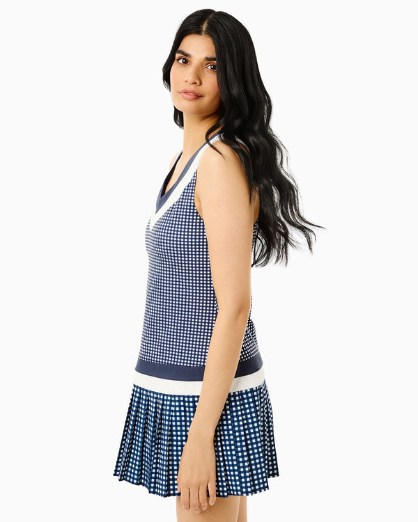 'On model product image of Mixed Sport Light Match Active Dress in Navy Gingham'