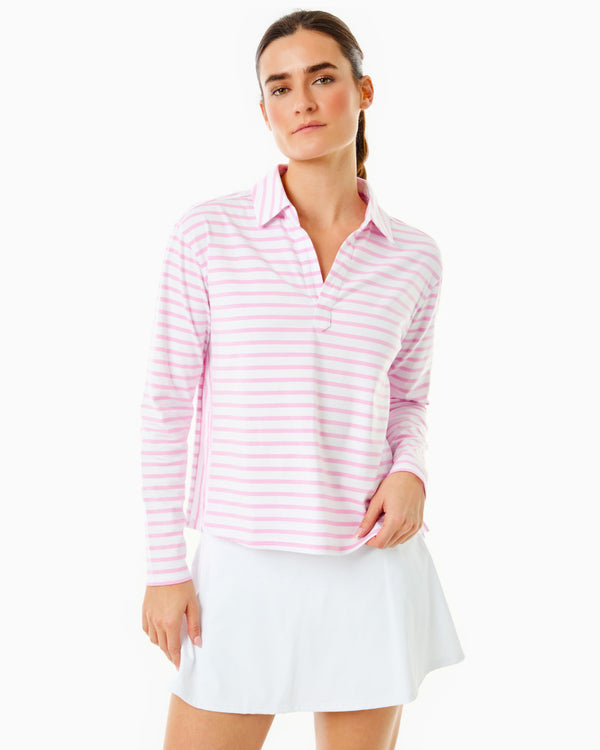 'On model product image of Cotton Mix Midweight Mulberry Long Sleeve in Super White/Bubblegum Stripe'