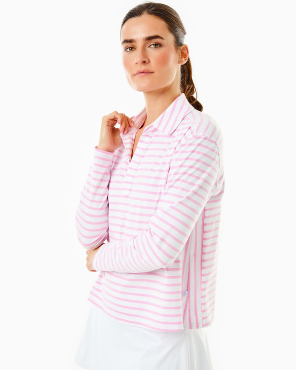'On model product image of Cotton Mix Midweight Mulberry Long Sleeve in Super White/Bubblegum Stripe'
