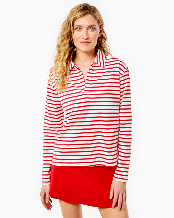 'On model product image of Cotton Mix Midweight Mulberry Long Sleeve in Super White/Poppy Stripe'