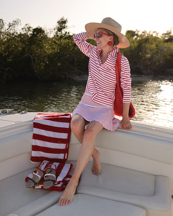 'On model product image of Cotton Mix Midweight Mulberry Long Sleeve in Super White/Poppy Stripe'