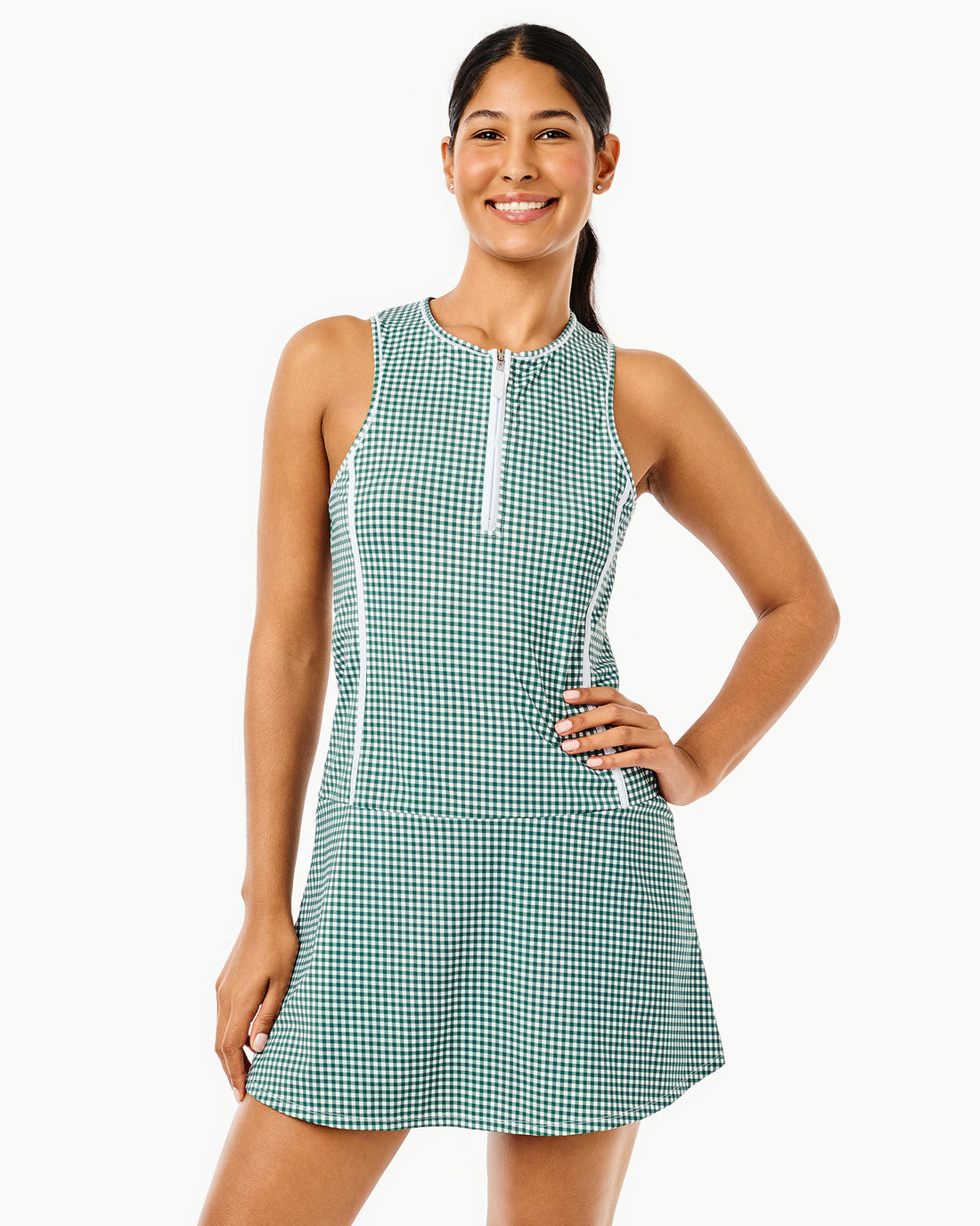 Model is wearing the net dress in ivy gingham. 