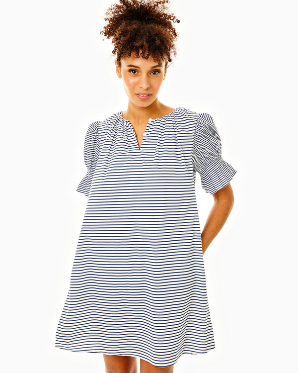 'On model product image of Cotton Poplin Newport Dress in Super White/Navy Stripe'