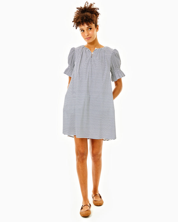 'On model product image of Cotton Poplin Newport Dress in Super White/Navy Stripe'