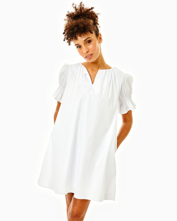 'On model product image of Cotton Poplin Newport Dress in White'