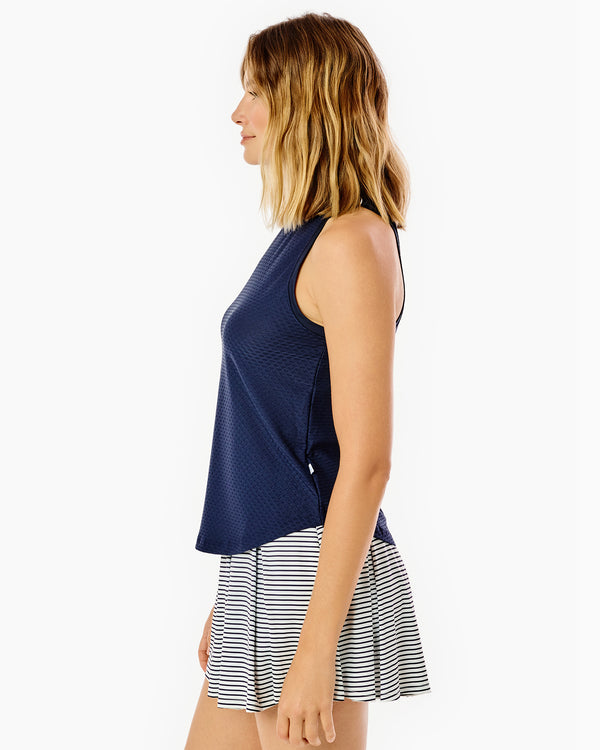 'On model product image of One Love Active Mesh Everyday Tank in Navy'