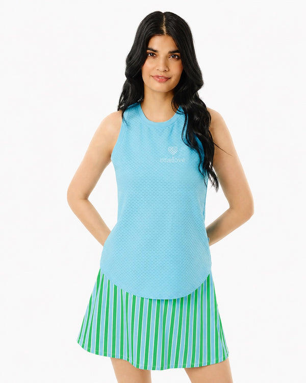 'On model product image of One Love Active Mesh Everyday Tank in Vintage Blue'