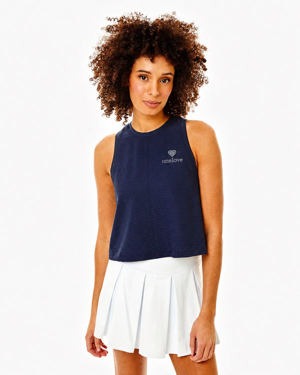 'On model product image of One Love Active Mesh Everyother Day Tank in Navy'