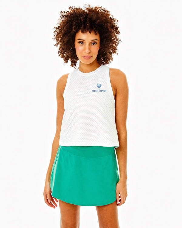 'On model product image of One Love Active Mesh Everyother Day Tank in Super White'