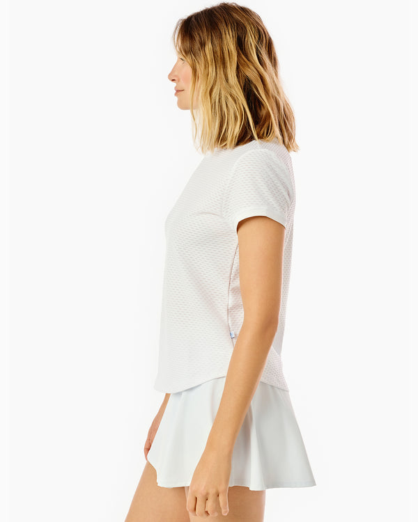 'On model product image of One Love Active Mesh Palmetto Short Sleeve Top in Super White'