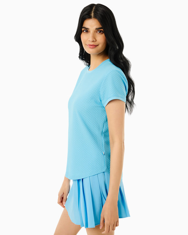 'On model product image of One Love Active Mesh Palmetto Short Sleeve Top in Vintage Blue'