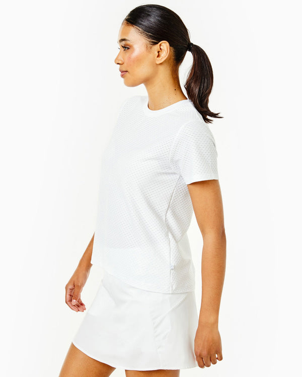 'On model product image of One Love Active Mesh Walnut Short Sleeve Top in Super White'