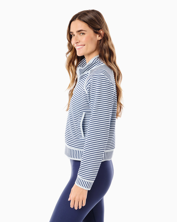 'On model product image of One Love Scuba Light Bainbridge Quarter Zip Sweatshirt in Super White/Navy Stripe'