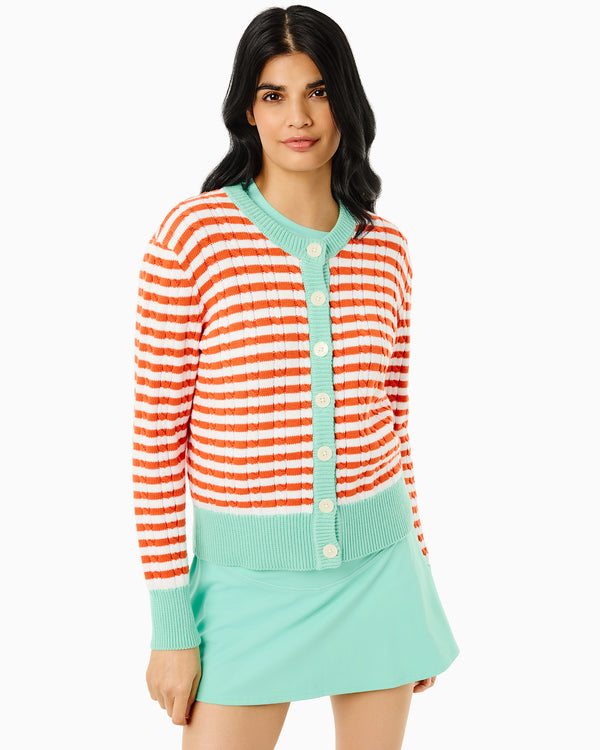 'On model product image of Cotton Cable Knit Oxford Cardigan Sweater in Papaya/Jelly Mint'