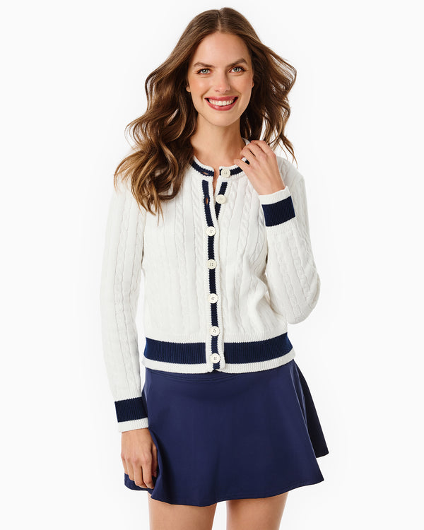 'On model product image of Cotton Cable Knit Oxford Cardigan Sweater in Super White/Navy'