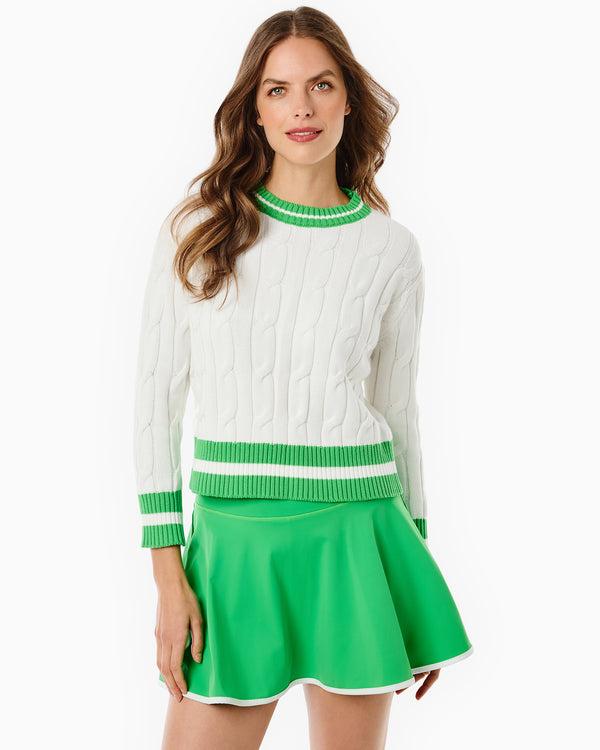 'On model product image of Cotton Cable Knit Oxford Crewneck Sweater in Super White/Key Lime'