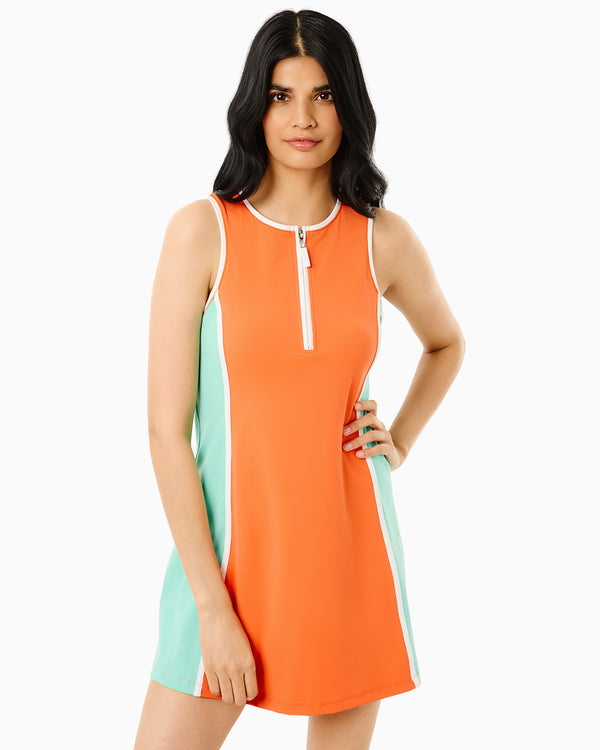 'On model product image of Smooth Sport Paddle Active Dress in Papaya/Jelly Mint'