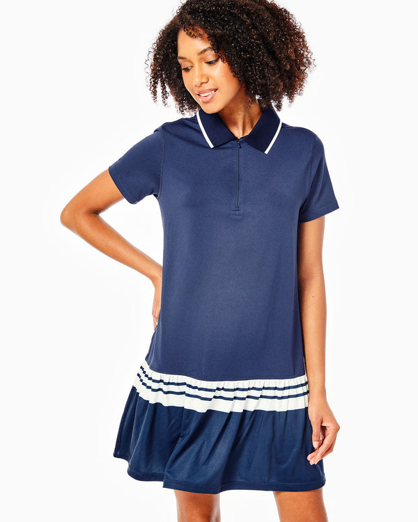 'On model product image of Active Pique Palm Beach Dress in Navy/ White-Final Sale'