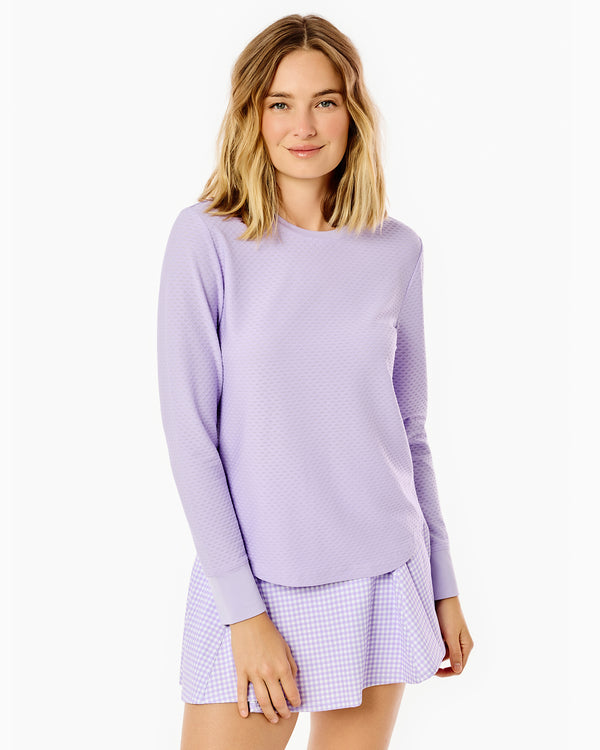 'On model product image of Active Mesh Palmetto Long Sleeve in Lavender'