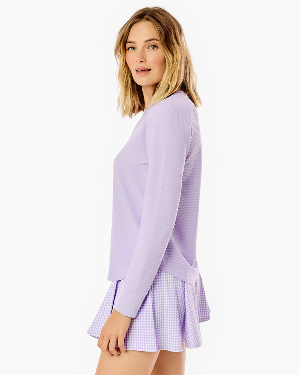 'On model product image of Active Mesh Palmetto Long Sleeve in Lavender'