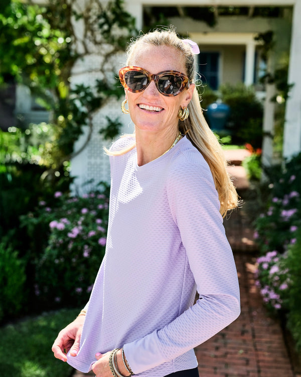 'On model product image of Active Mesh Palmetto Long Sleeve in Lavender'