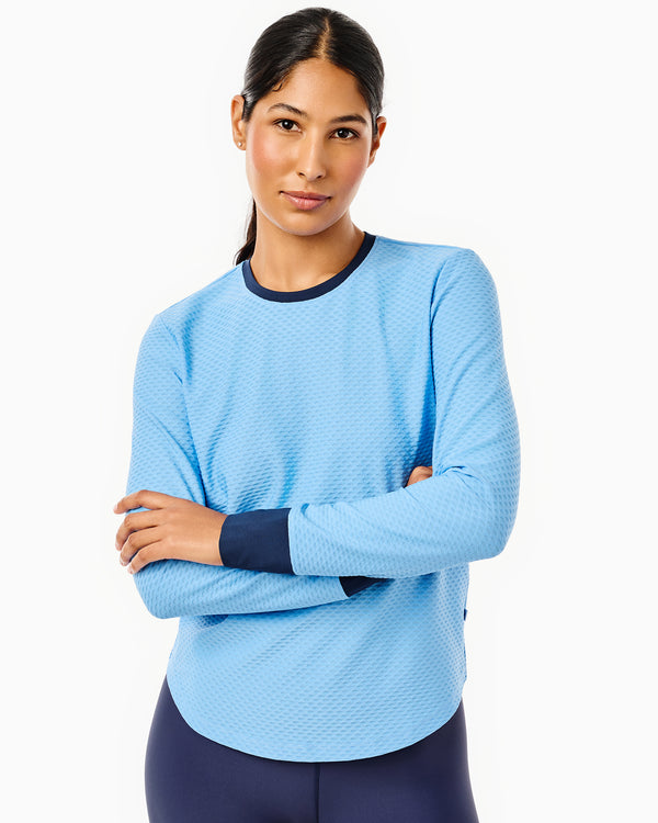 'On model product image of Active Mesh Palmetto Long Sleeve in Matisse/Navy'