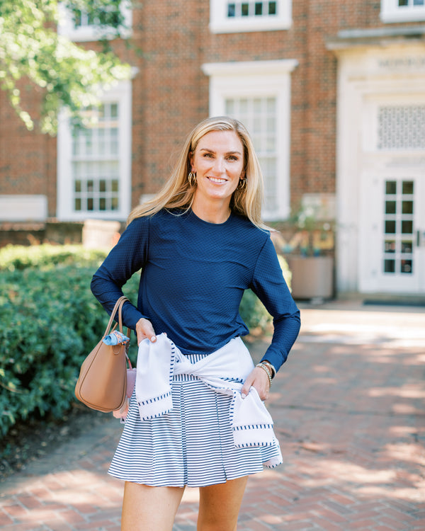 'On model product image of Active Mesh Palmetto Long Sleeve Top in Navy'