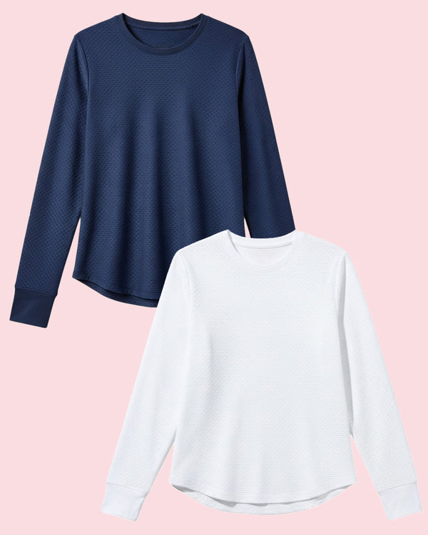 'On model product image of Active Mesh Palmetto Long Sleeve Bundle in Navy/Super White'