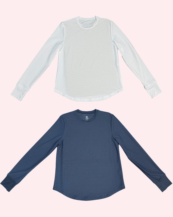 'On model product image of Active Mesh Palmetto Long Sleeve Bundle in Navy/Super White'