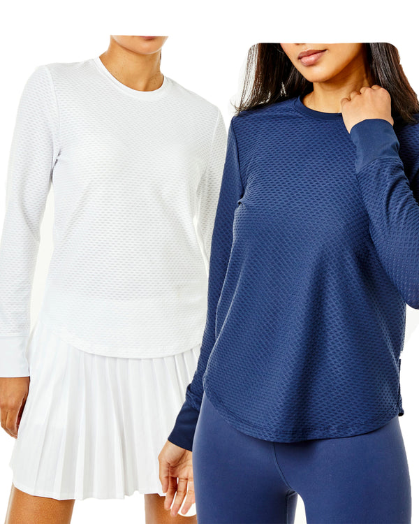 'On model product image of Active Mesh Palmetto Long Sleeve Bundle in Navy/Super White'