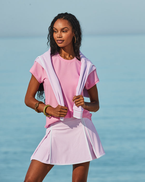 'On model product image of Active Mesh Palmetto Short Sleeve Top in Bubblegum'