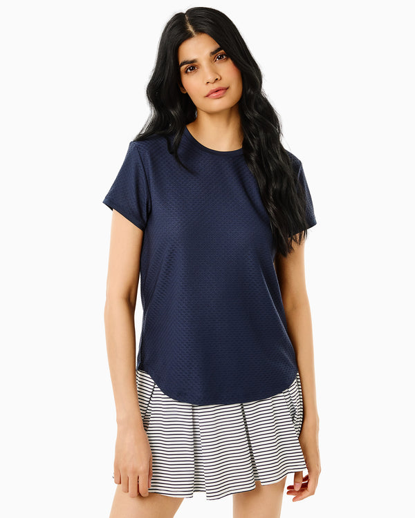 'On model product image of Active Mesh Palmetto Short Sleeve Top in Navy'