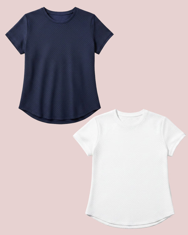 'On model product image of Active Mesh Palmetto Short Sleeve Bundle in Navy/Super White'
