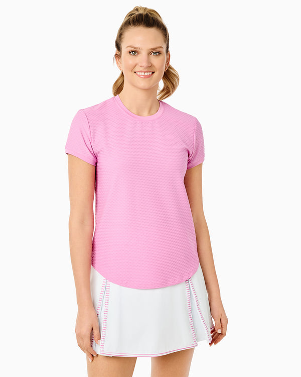 'On model product image of Active Mesh Palmetto Short Sleeve Top in Orchid'