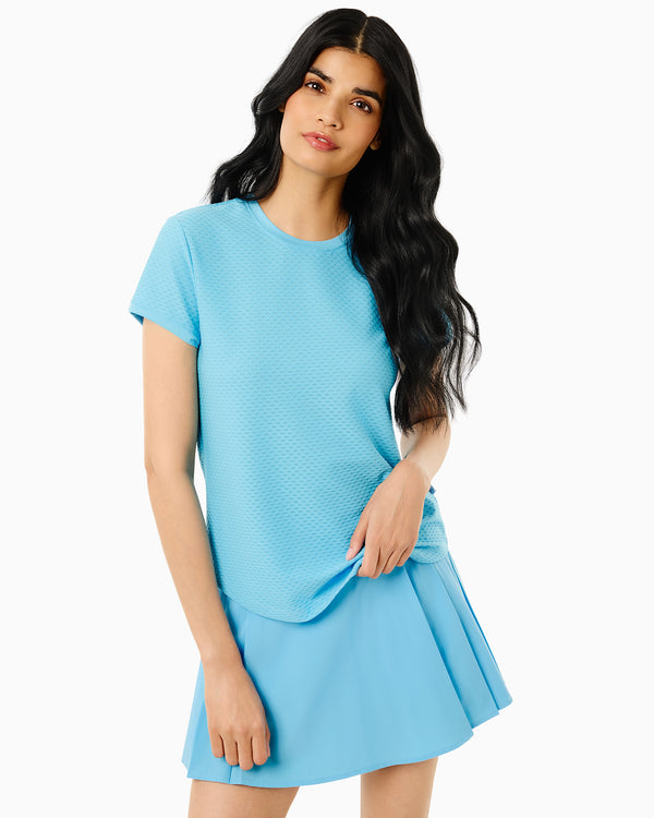 'On model product image of Active Mesh Palmetto Short Sleeve Top in Vintage Blue'