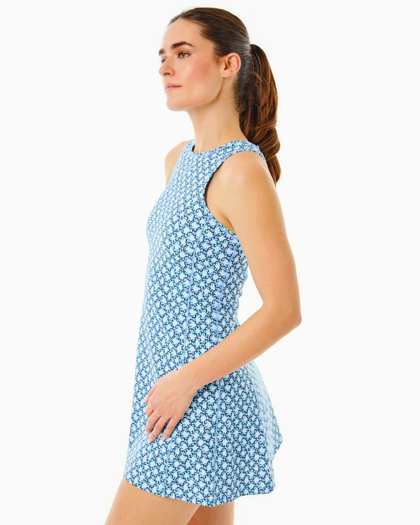 'On model product image of Smooth Sport Sleeveless Panama Active Dress in Floral Trellis'