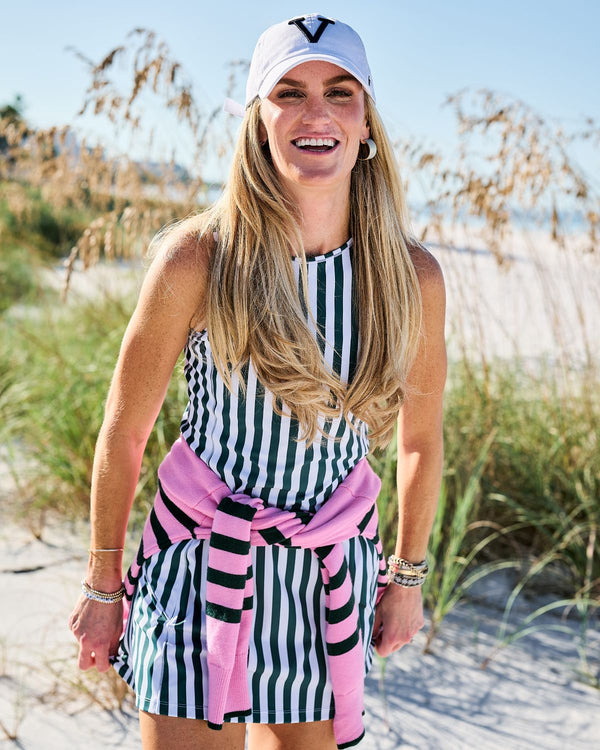 'On model product image of Smooth Sport Sleeveless Panama Active Dress in Ivy Cabana Stripe'