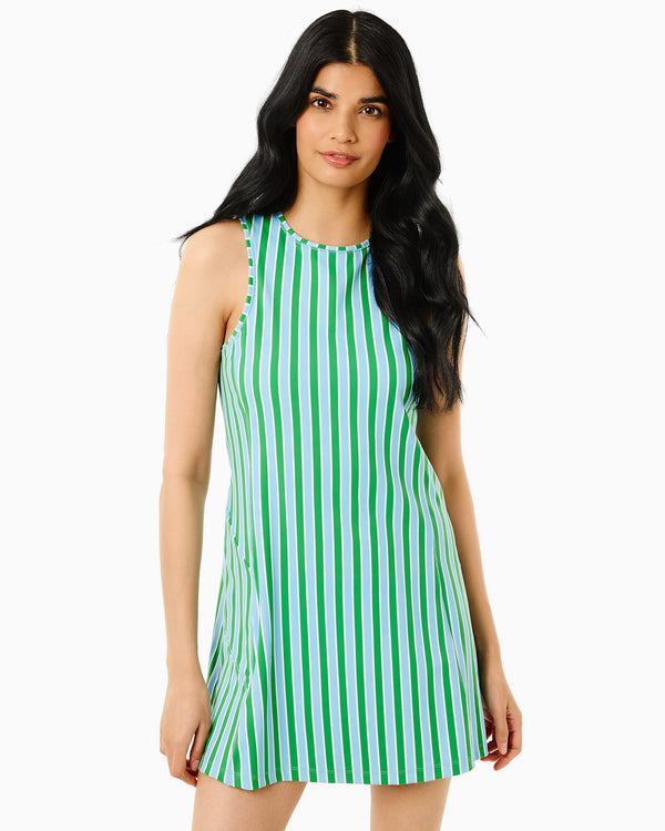 'On model product image of Smooth Sport Sleeveless Panama Active Dress in Vintage Blue/Key Lime Cabana Stripe'