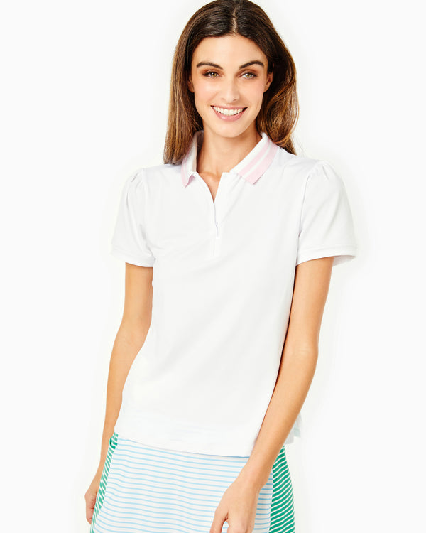 'On model product image of Active Pique Par Polo Short Sleeve in White X Mary Hafner'