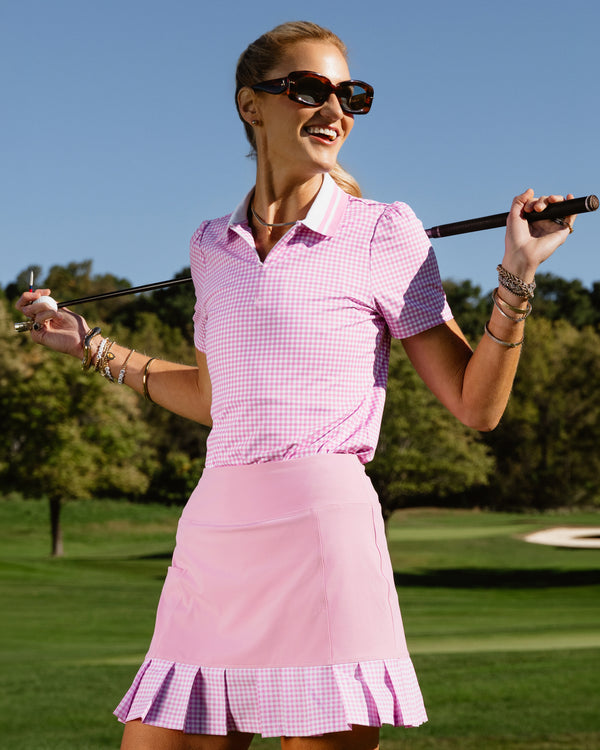 'On model product image of Active Pique Par Polo Short Sleeve in Cotton Candy Gingham'
