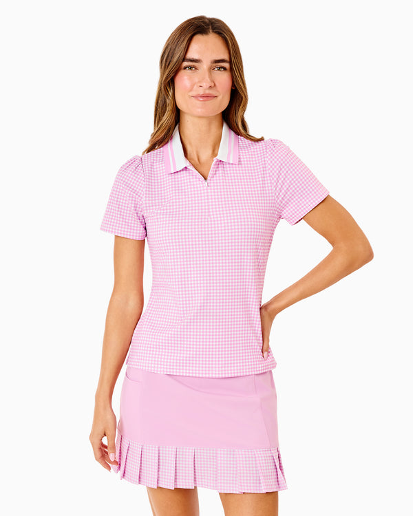 'On model product image of Active Pique Par Polo Short Sleeve in Cotton Candy Gingham'
