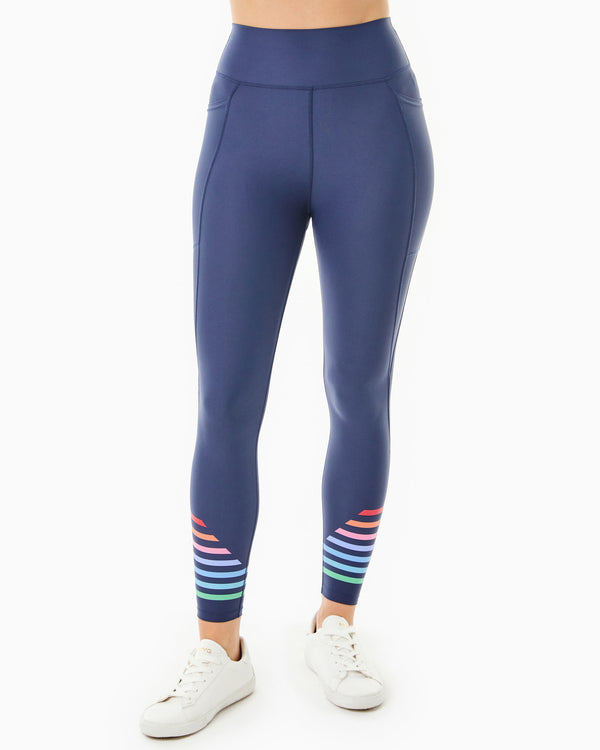 'On model product image of Sculpt Compression High-Rise Pattison Legging in Navy/Poppy/Petal/Stripe'